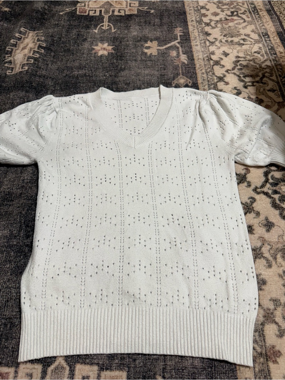 Classic V-Neck Eyelet Knit Top in Cream-off white